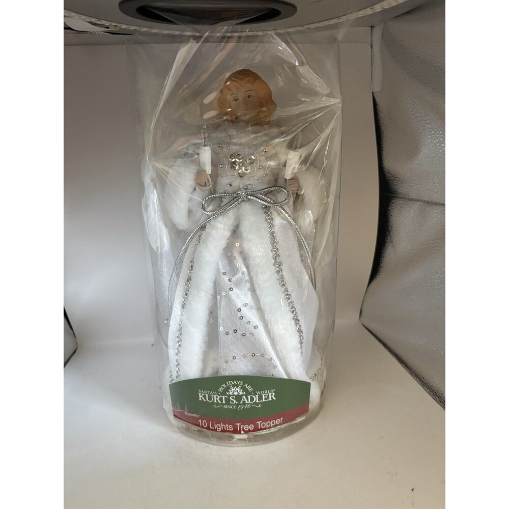 KURT ADLER 10 LIGHT WHITE & SILVER ANGEL CHRISTMAS TREE TOPPER DECORATION